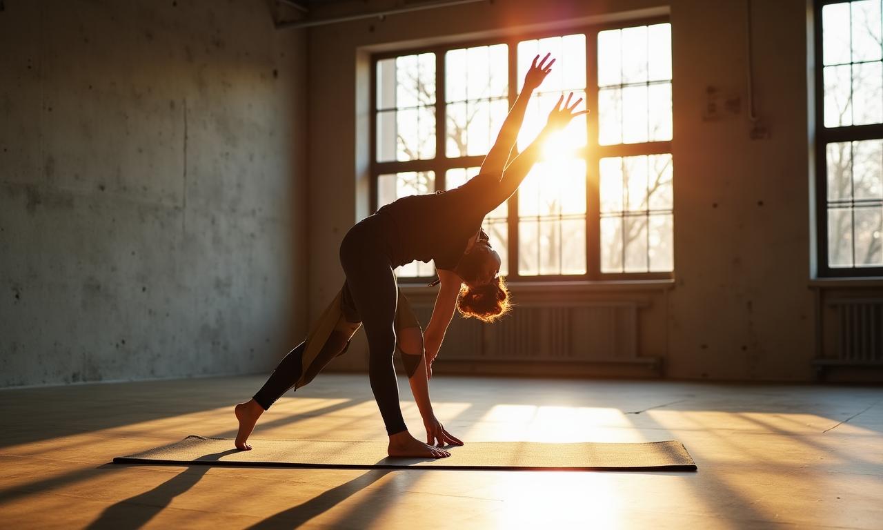 Instruktor jogi w dynamicznej pozycji Vinyasa Flow na tle industrialnej przestrzeni warszawskiej